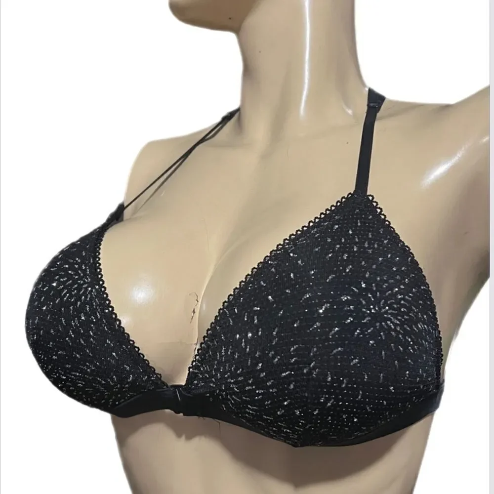 Victoria’s Secret Padded with Metallic lace deep V bralette bra black Large